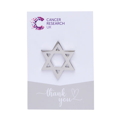 Star of David wedding favour on a backing card featuring the Cancer Research UK logo and a thank-you message.