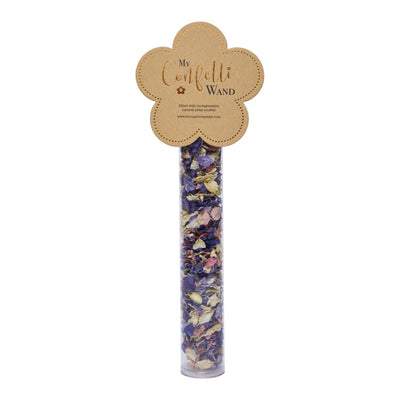 Confetti wand with brown flower finish. Flower reads "My Confetti Wand." The wand has is filled with dried petal confetti. 