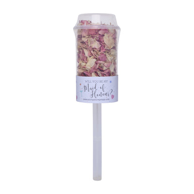 Wedding confetti pop filled with dried petals on a white stick, with a label reading “Will you be my Maid of Honour?”