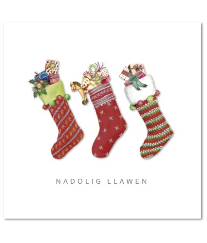Trimmed Stocking Trio Welsh Bilingual Christmas Cards - Pack of 10