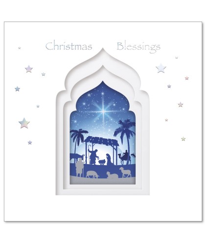 Blue Nativity Scene Christmas Cards - Pack of 10