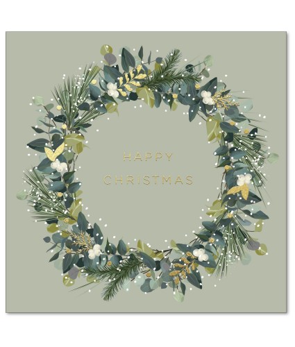 Gold and Green Wreath Christmas Cards - Pack of 10