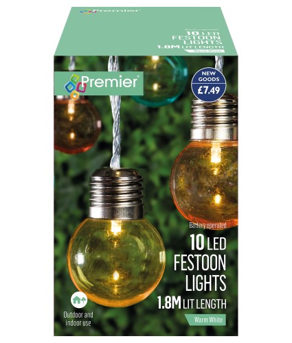 Premier Battery-Operated Indoor/Outdoor LED Festoon Lights - Multi-coloured