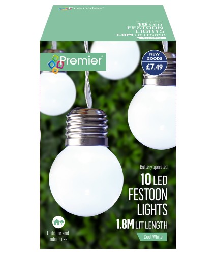 Premier Battery-Operated Indoor/Outdoor LED Festoon Lights - Cool white