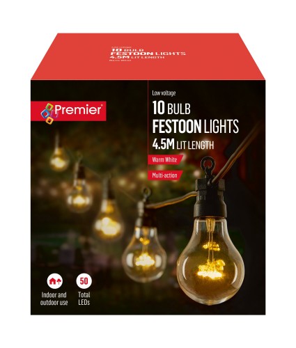 Premier Low Voltage Warm White Indoor/Outdoor Festoon Lights - 10 Bulbs