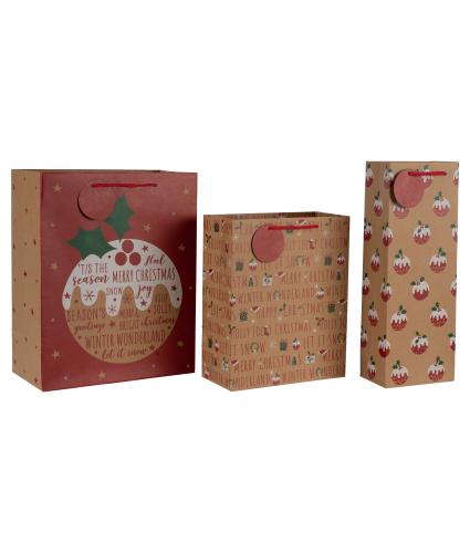 Christmas Pudding Kraft Gift Bags - 3 Pack