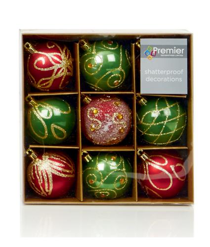 Red & Green Patterned Baubles Pack of 9