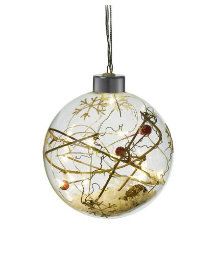 Rustic Filled LED Lit Glass Bauble - Snow & Berries