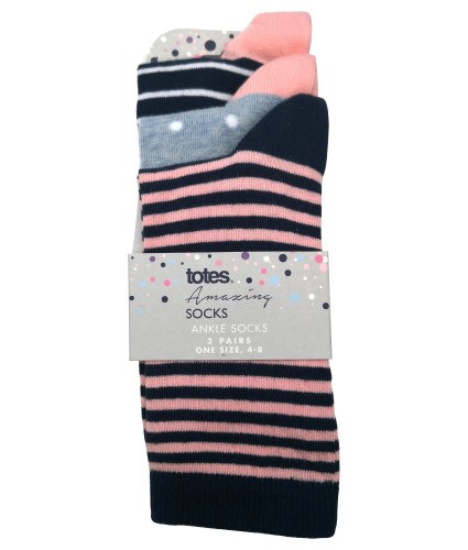 Totes Ladies Ankle Socks 3 Pack - Spots & Stripes
