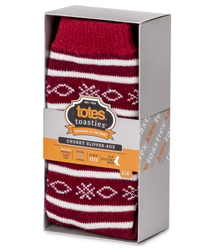 Totes Toasties Men's Chunky Reindeer Fair Isle Slipper Socks - Red