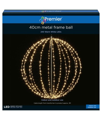 Premier 40cm Black Metal Lit Ball Decoration