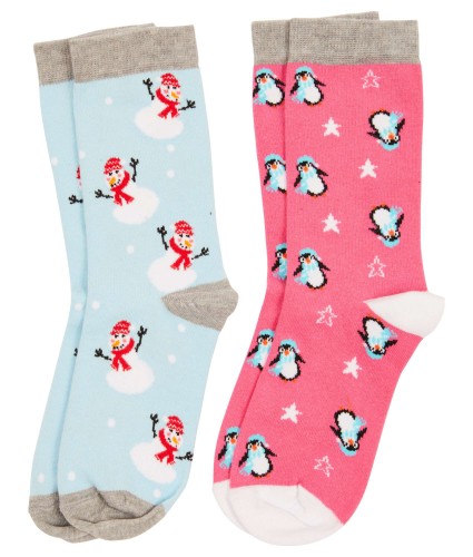 Christmas Socks - Ladies Pack of 2 - Snowman Penguin