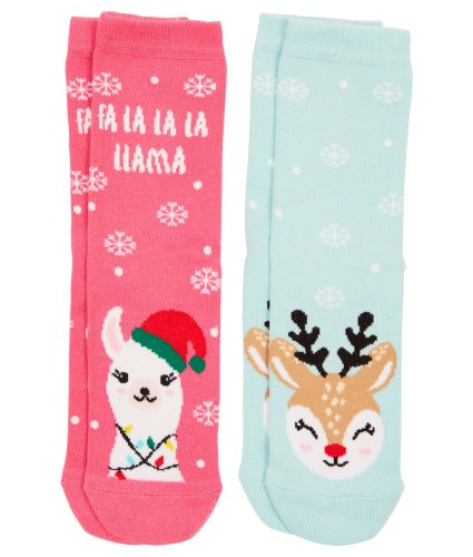 Christmas Socks - Children's Pack of 2 - Llama Deer 9-12