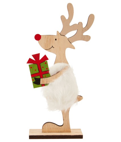 Wooden Reindeer with Fur Body Table Decoration