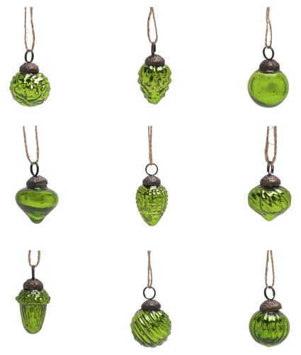 Green Recycled Glass Mini Bauble Decorations - Set of 9
