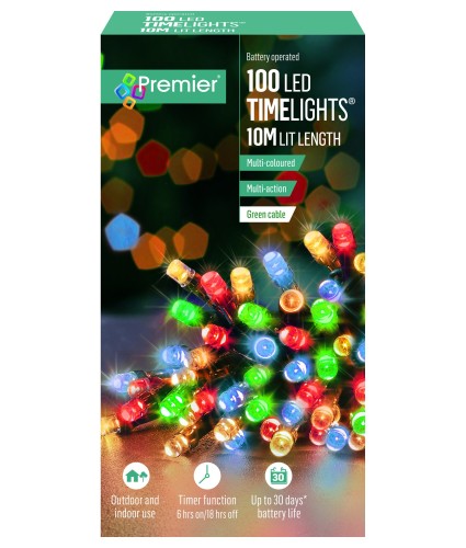 100 Multi-Coloured LED Indoor/Outdoor Battery Operated Timer Lights