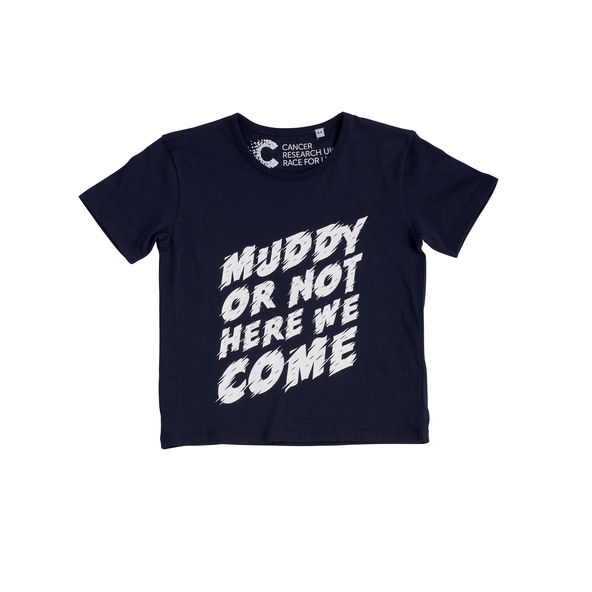 Pretty Muddy Kids Navy Slogan T-shirt Cancer Research UK