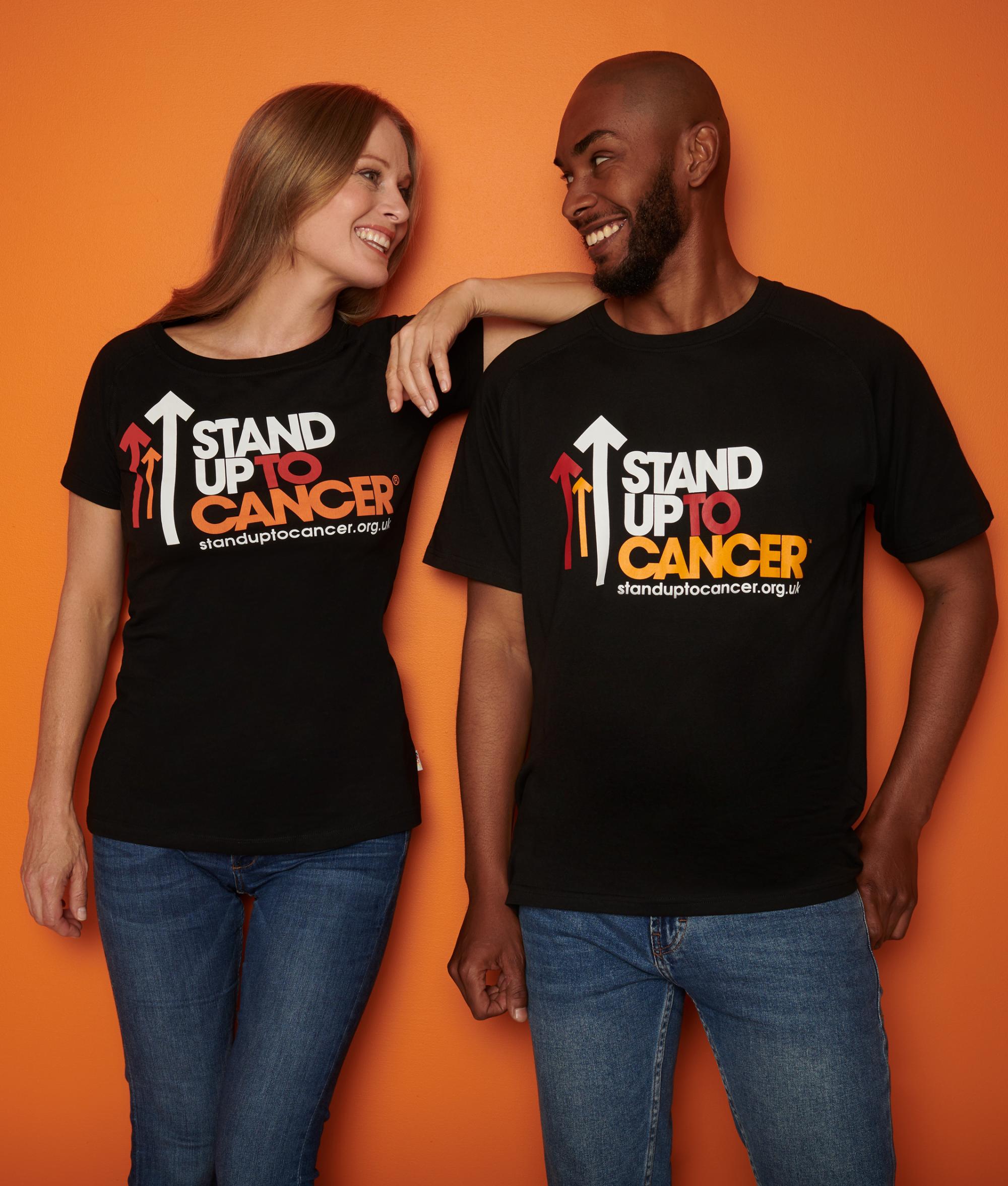 Stand Up To Cancer Women's Full Logo Black TShirt Cancer Research UK