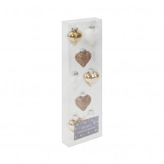 Gold & White Glass Heart Baubles, Set of 8