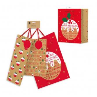 Christmas Pudding Kraft Gift Bags - 3 Pack