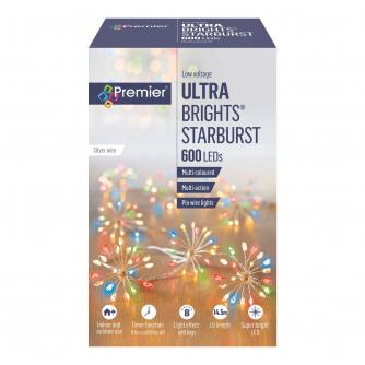 Premier Multi-Coloured Ultrabrights Indoor/Outdoor 14.5m 600 Starburst LED Timer Lights