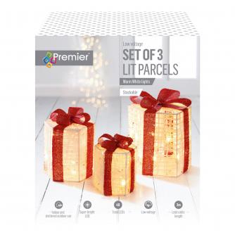 Premier Set of 3 Cream & Red Stackable Parcel LED Lit Decorations