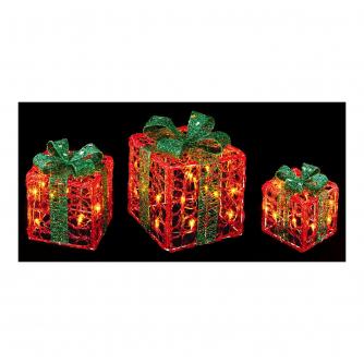 Premier Set of 3 Red & Green Parcel LED Lit Decorations