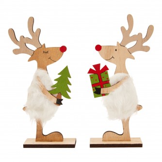 Wooden Reindeer with Fur Body Table Decoration